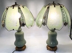 Vtg Leonard R. Foss Table Lamps Pair Etched Beveled Glass Shades Celadon Ceramic. Fixed Price $1165.50.
