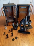 Antique Carl Zeiss Jena Germany Brass Microscope With Original Wood Box 1925. Fixed Price $500.00.