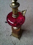 Rare Vintage Leonard Foss Fenton? Optic Cranberry Glass, Bronze Wood Base Lamp. Fixed Price $124.99.