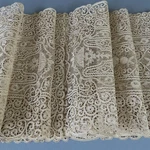Fine Antique 19THC Handmade Cantu Lace Table Runner Baskets + Fruit 122" X 11.5". Fixed Price $295.00.